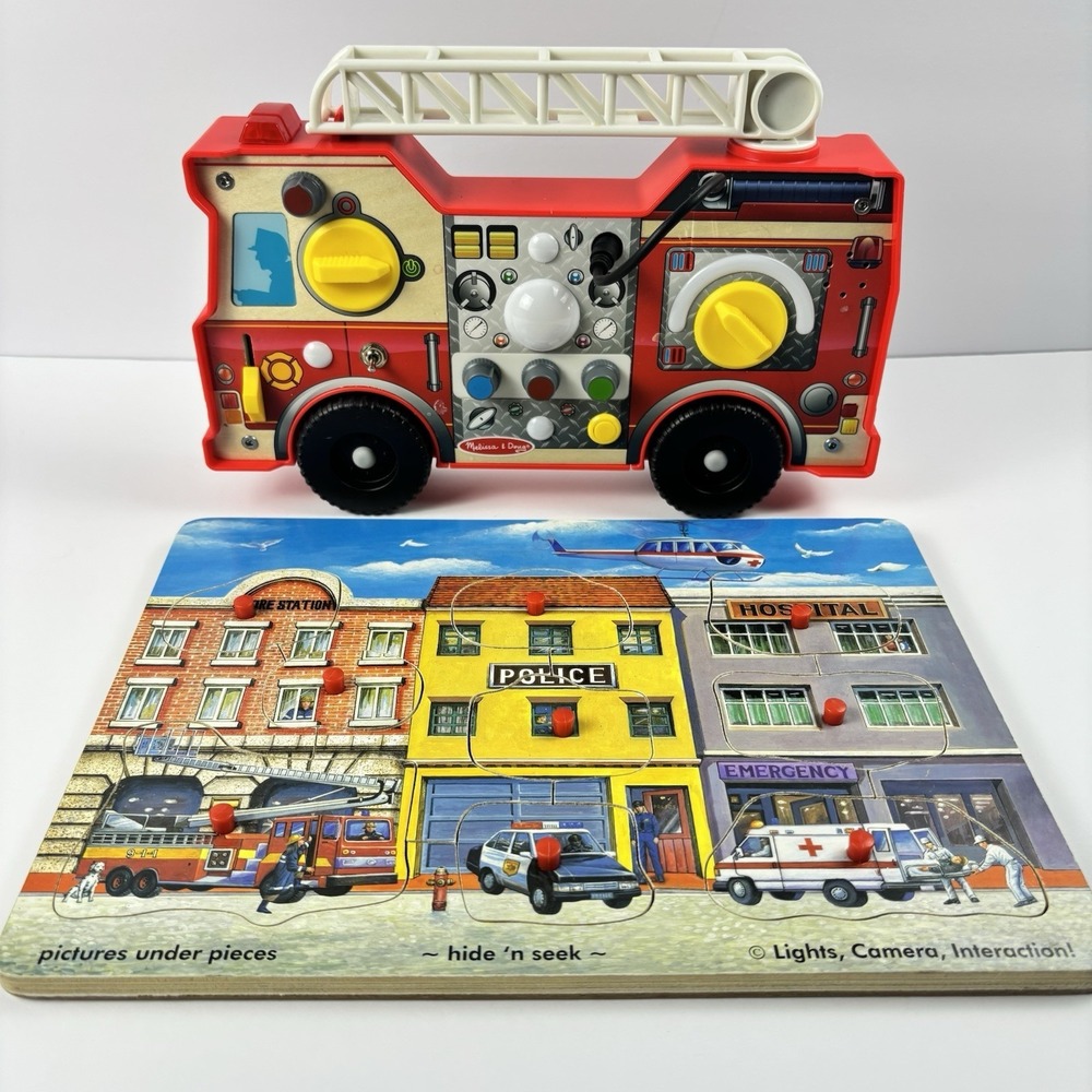2 Melissa & Doug Lights & Sounds Fire Truck And City-Theme Puzzle Motor Skills